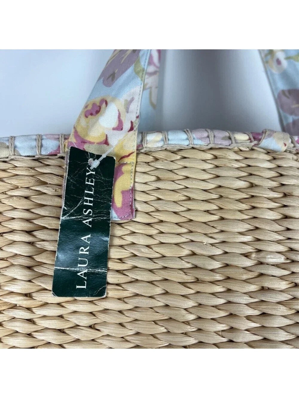 Laura Ashley Floral Lined Straw Tote Beach Bag Large Woven Shopper NWT